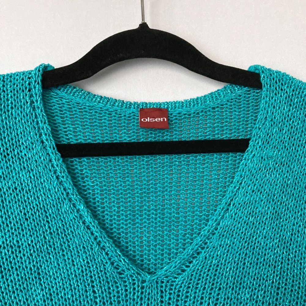OLSEN Europe Turquoise Blue Crochet V-neck Top - Picture 2 of 5